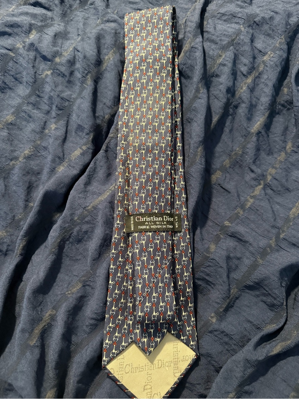 Dior Navy Silk Tie with Red & Cream Bit-Chain Motif